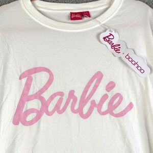 BARBIE T Shirt Womens 16 Spellout Oversized Cotton Blend Stretch White Pink